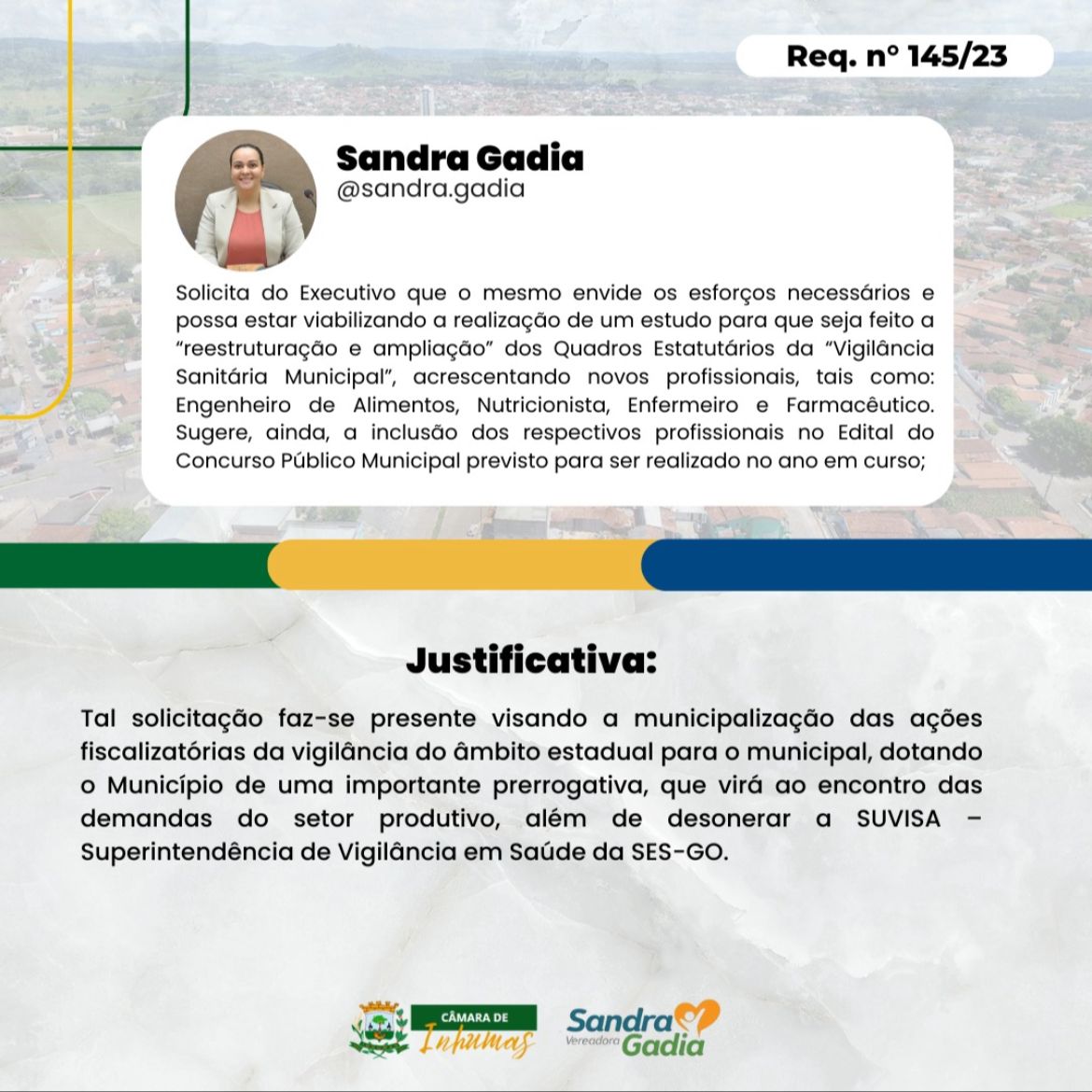 Vereadora Sandra Gadia solicita estudo para ampliação do quadro de profissionais da Vigilância Sanitária